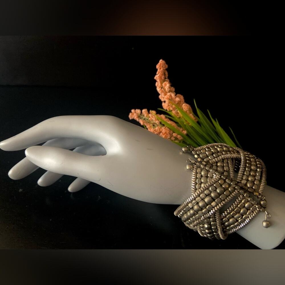Boho Intertwining Silver Beaded Cuff Bracelet - image 1